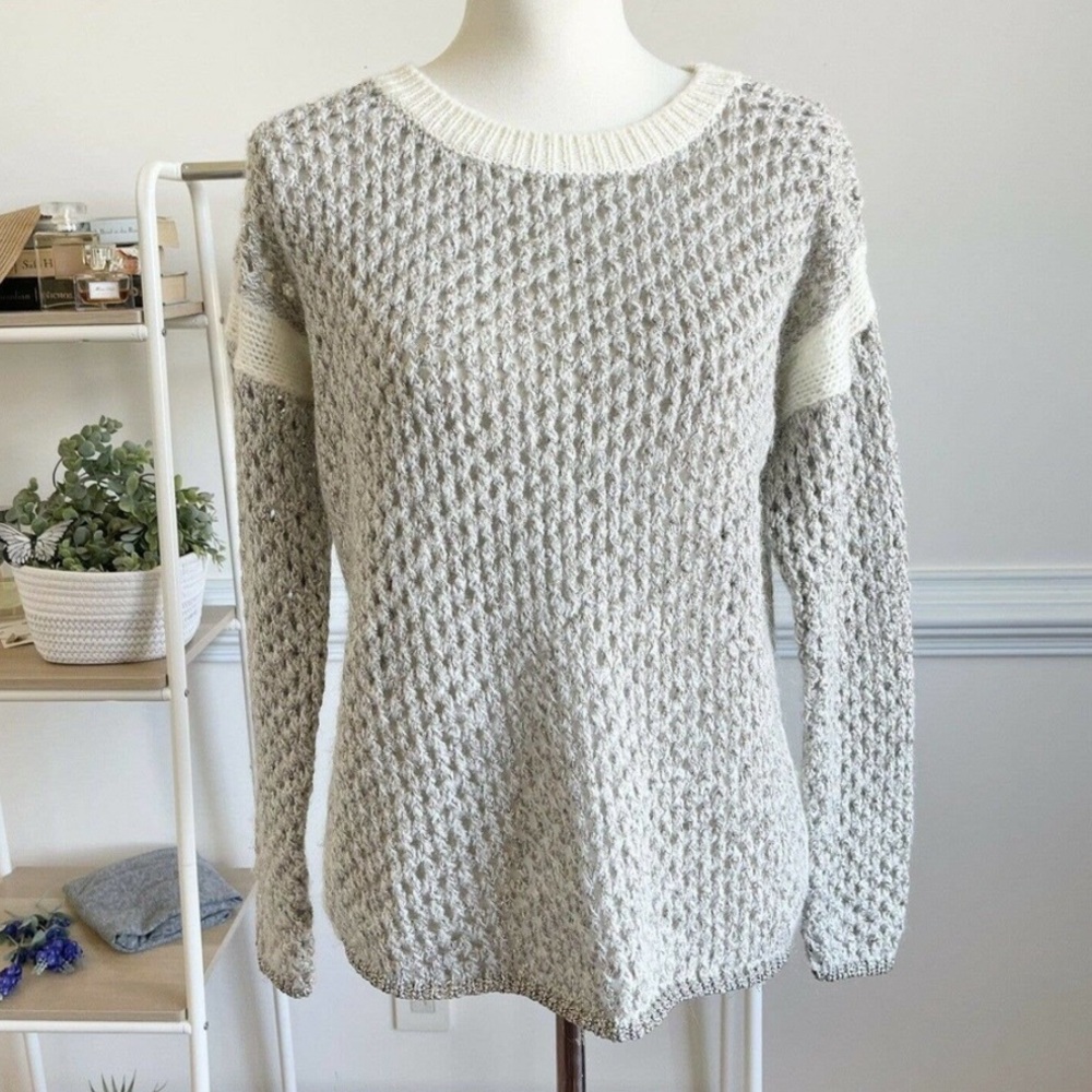 Sundance Metallic Open Knit Crewneck Sweater Silver Cream Chunky Mohair Medium